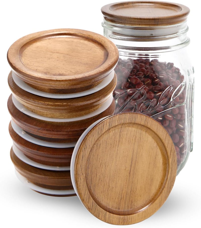 DingCo 6 Pack Regular Mouth Mason Jar Lids Reusable canning lids Acacia Wooden mason jar Lids with Airtight Silicone Seal, Brown (6PCS Regular Lids) - Image 1